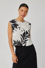 Light Gray Boxy Button Back Top in Maui Palm Print Top