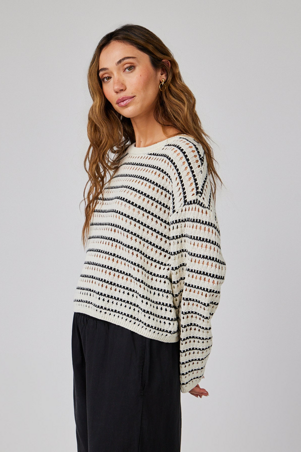 Light Gray Crew Neck Sweater in Ivory/Black Stripe Sweater