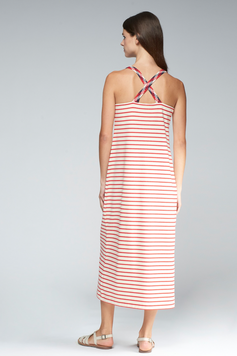 Light Gray Lilou Embroidered Dress in Red/White Stripe Maxi Dress