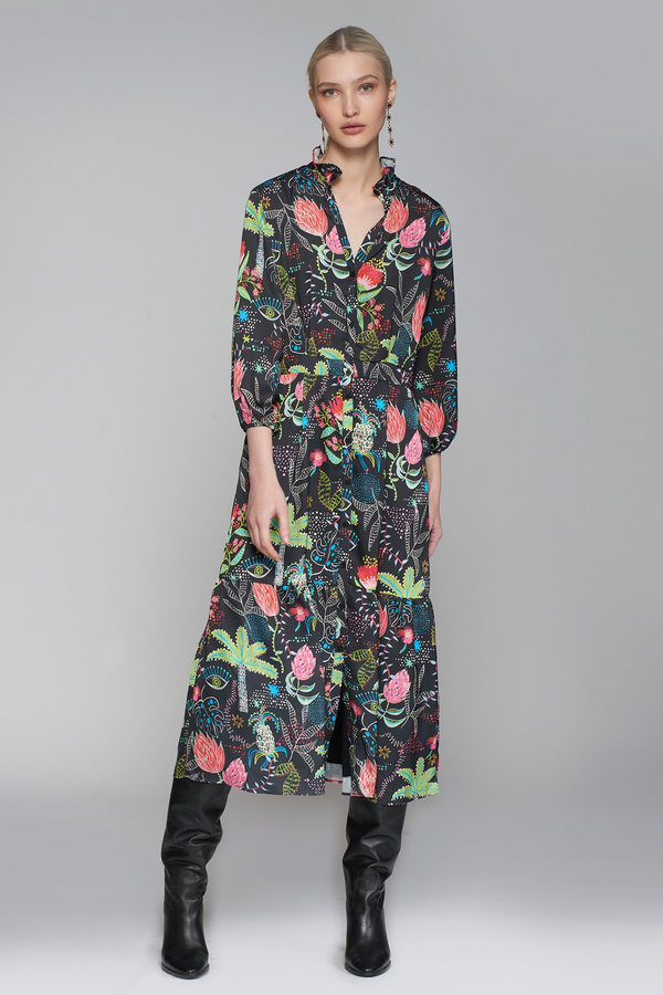 Gray Lucile Dress - Black Floral Midi Dress