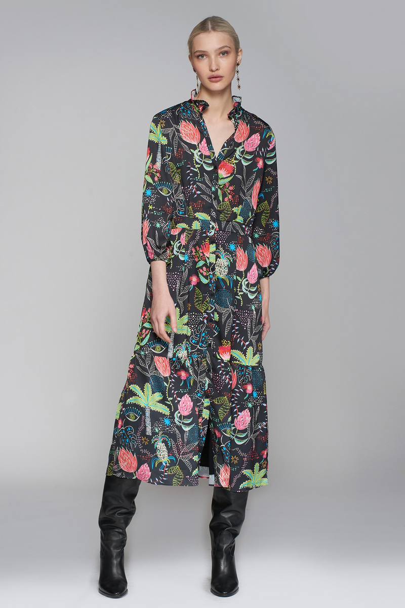 Gray Lucile Dress - Black Floral Midi Dress