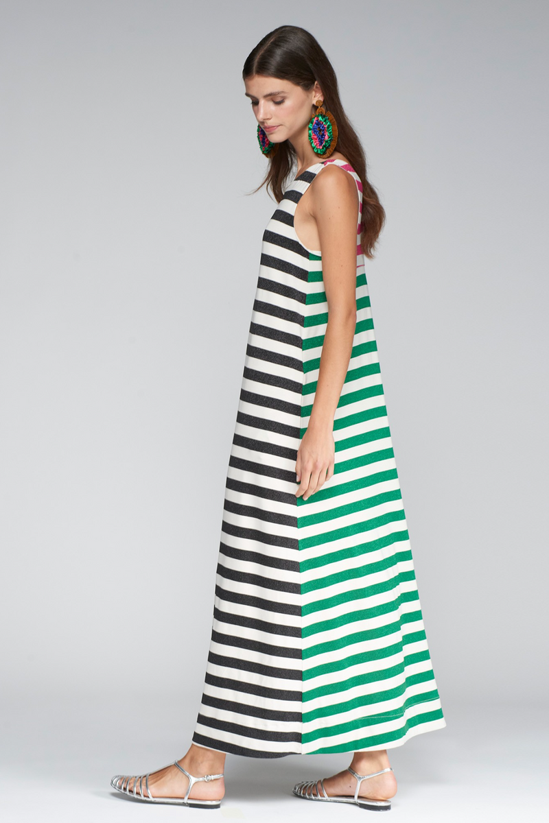 Light Gray Zina Dress in Multicolor Stripe Maxi Dress