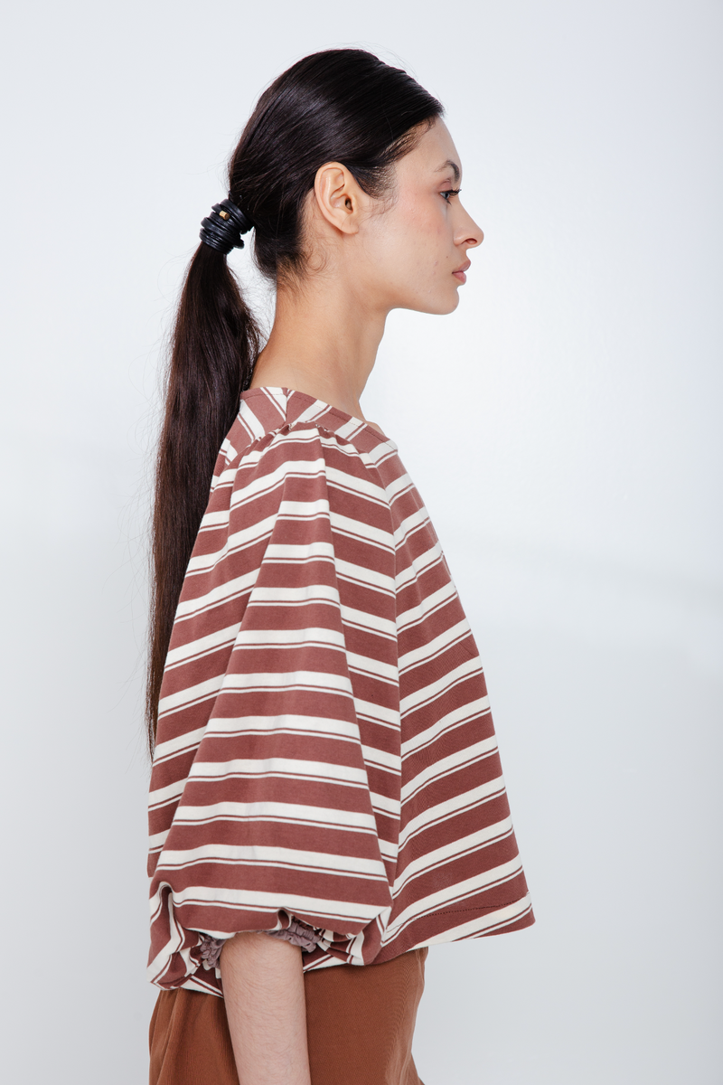 Light Gray Bellflower Balloon Sleeve Top in Mocha Stripes Top