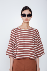 Light Gray Bellflower Balloon Sleeve Top in Mocha Stripes Top