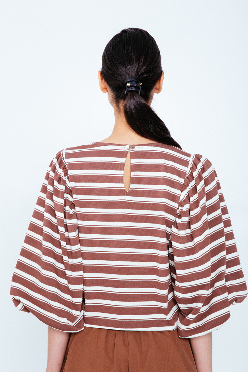 Lavender Bellflower Balloon Sleeve Top in Mocha Stripes Top