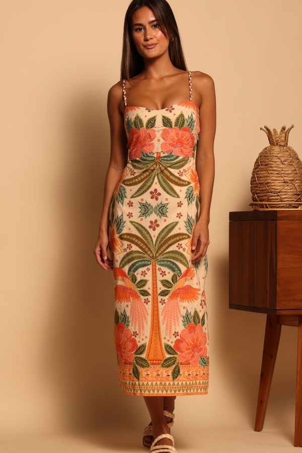 Tan Eloise Midi Dress in Vibrant Toucans Midi Dress