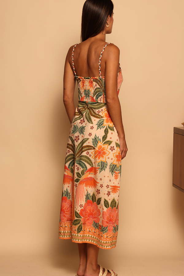 Tan Eloise Midi Dress in Vibrant Toucans Midi Dress