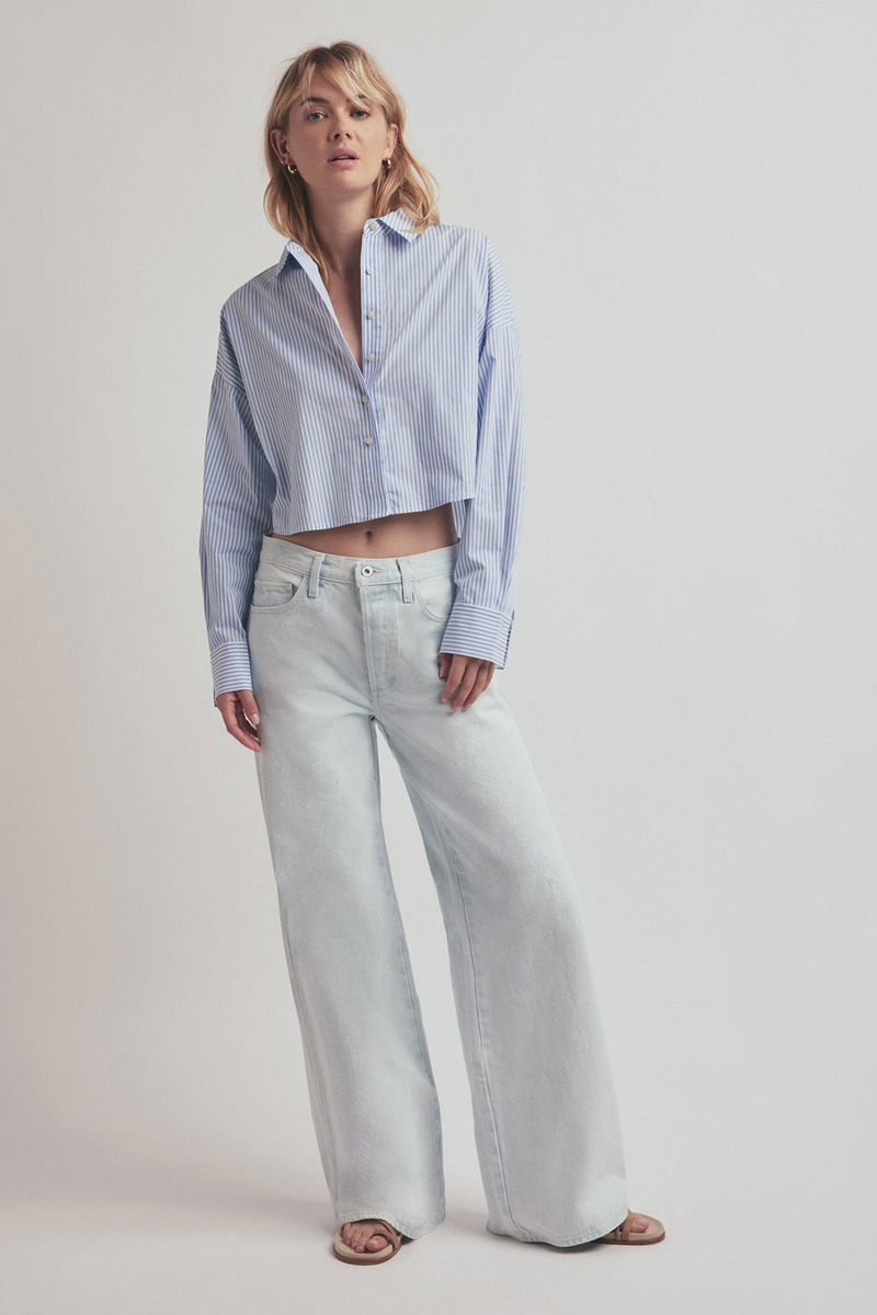 Light Gray The Cropped Ex-Boyfriend Shirt in Blue/White Stripe Crop Top