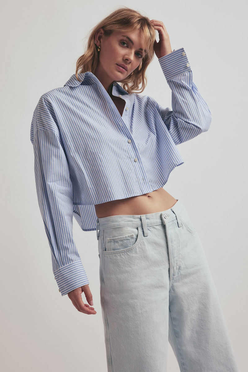 Gray The Cropped Ex-Boyfriend Shirt in Blue/White Stripe Crop Top