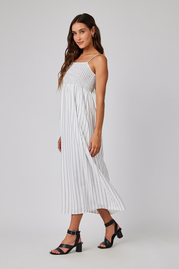 Light Gray Smocked Cami Maxi Dress in Makena Beach Stripe Maxi Dress