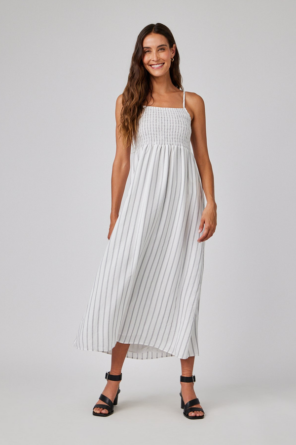 Light Gray Smocked Cami Maxi Dress in Makena Beach Stripe Maxi Dress