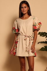 Tan Amanda Mini Dress in Tropical Bouquet Mini Dress