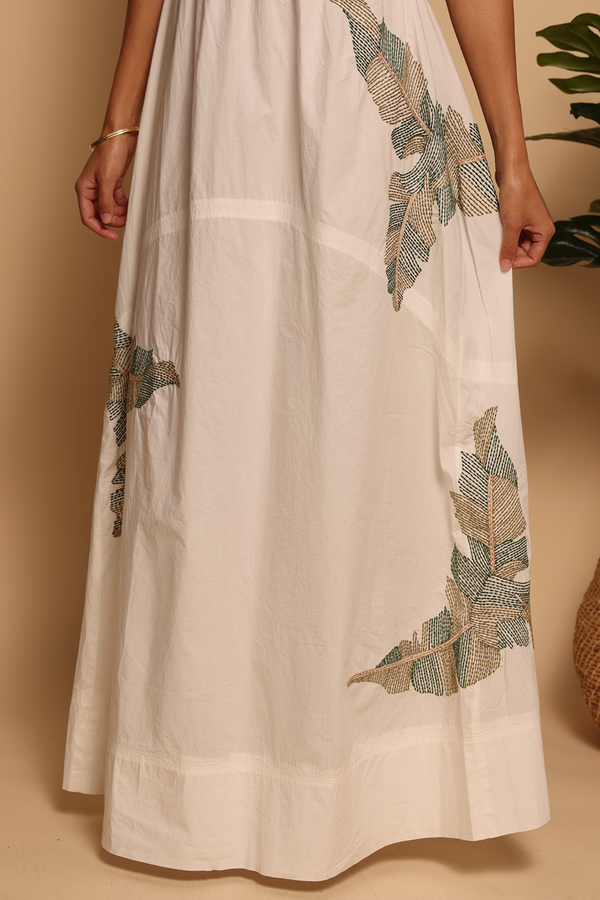 Tan Stella Maxi Dress in Embroidery Palm Maxi Dress