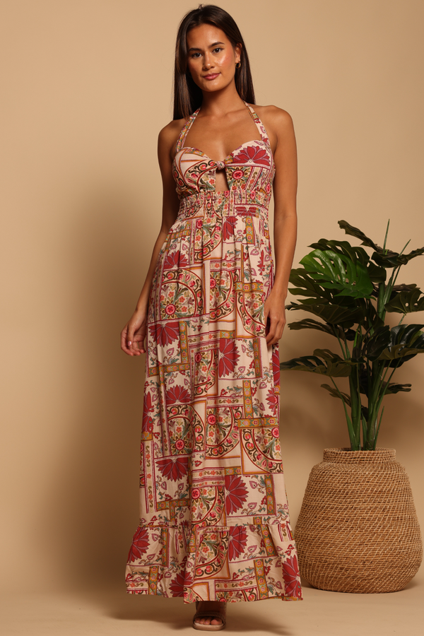 Rosy Brown Havana Halter Maxi Dress in Rose Mosaic Maxi Dress