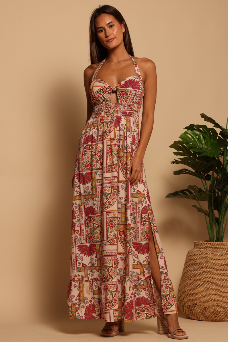 Rosy Brown Havana Halter Maxi Dress in Rose Mosaic Maxi Dress