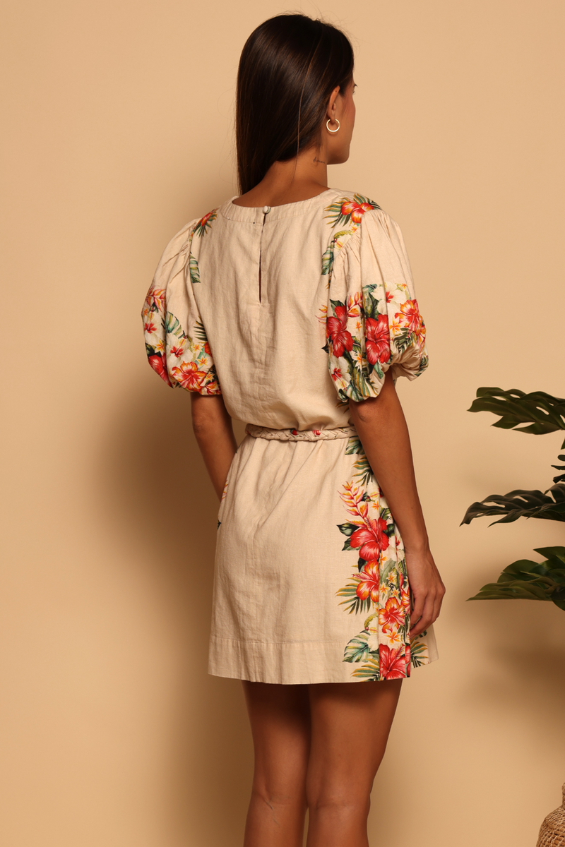 Tan Amanda Mini Dress in Tropical Bouquet Mini Dress