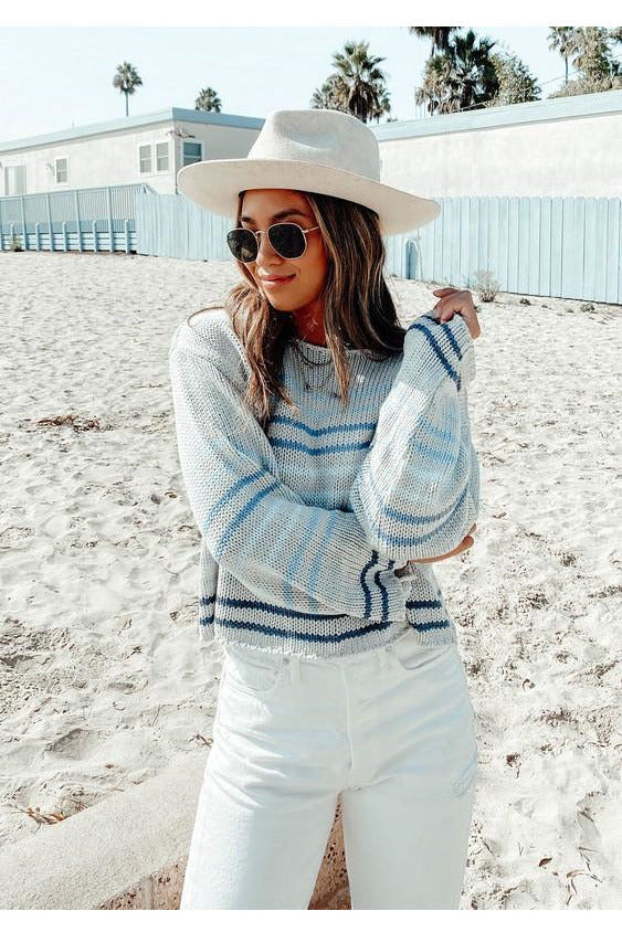 Light Gray Multi Striped Knit Spring Sweater