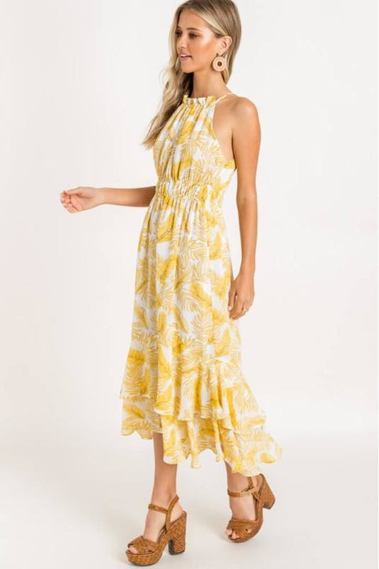 Antique White Yellow Tropical Midi Dress