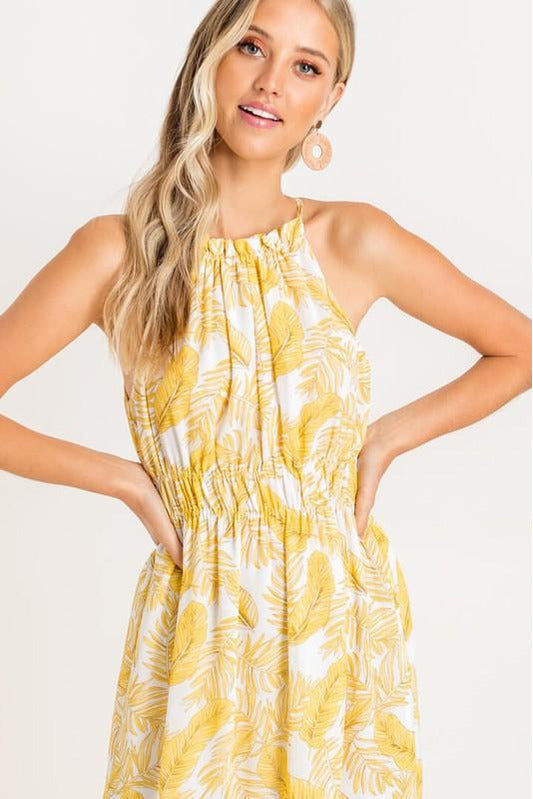 Antique White Yellow Tropical Midi Dress