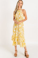 Antique White Yellow Tropical Midi Dress