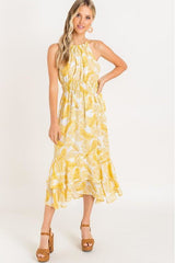 Antique White Yellow Tropical Midi Dress