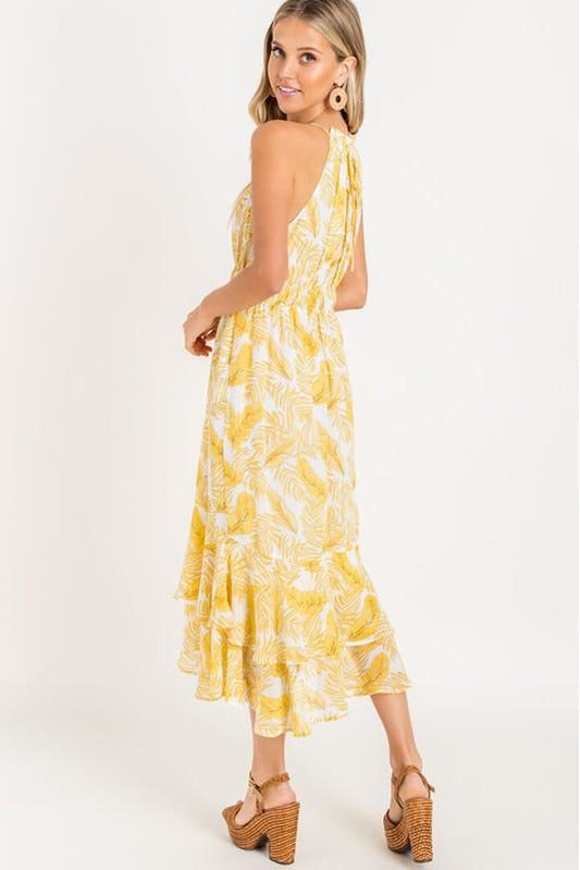 Antique White Yellow Tropical Midi Dress