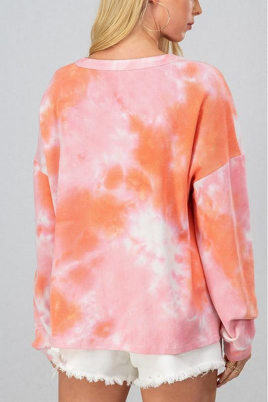 Light Pink Waffle Tie Dye Henley Top Tops