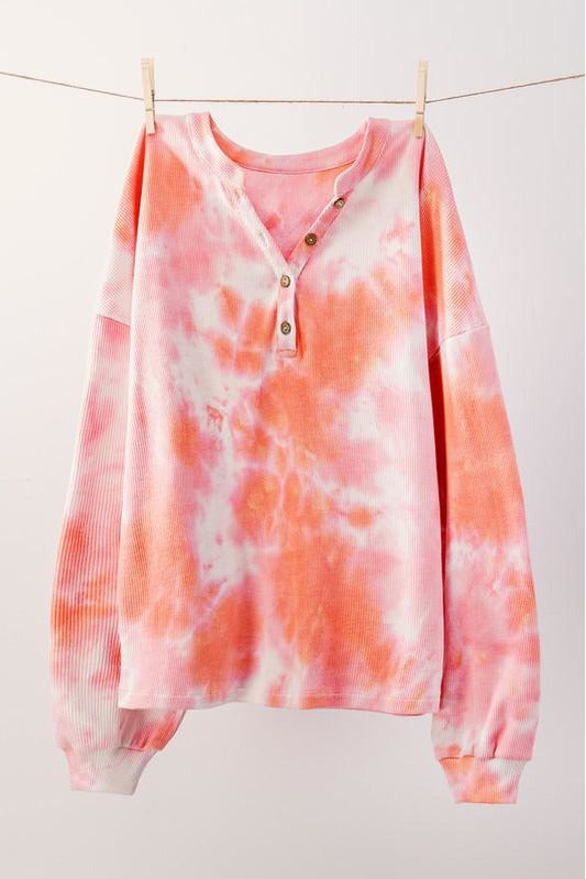 Light Gray Waffle Tie Dye Henley Top Tops