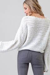 Light Gray Popcorn Cream Knit Sweater With Drawsting Bottom