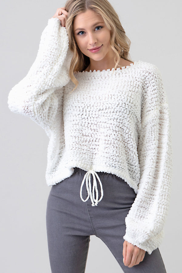 Light Gray Popcorn Cream Knit Sweater With Drawsting Bottom